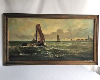 vintage peinture originale voilier en eau libre HJ Fama dans le cadre des années 1970 huile sur toile montée | Tableau bateau de pêche botter en mer