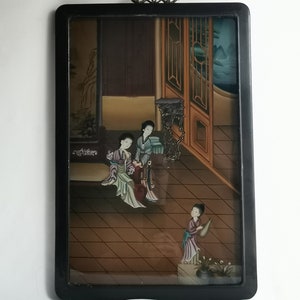 アンティークの中国製オリジナル裏面塗装済み絵画、黒漆塗りのフレーム