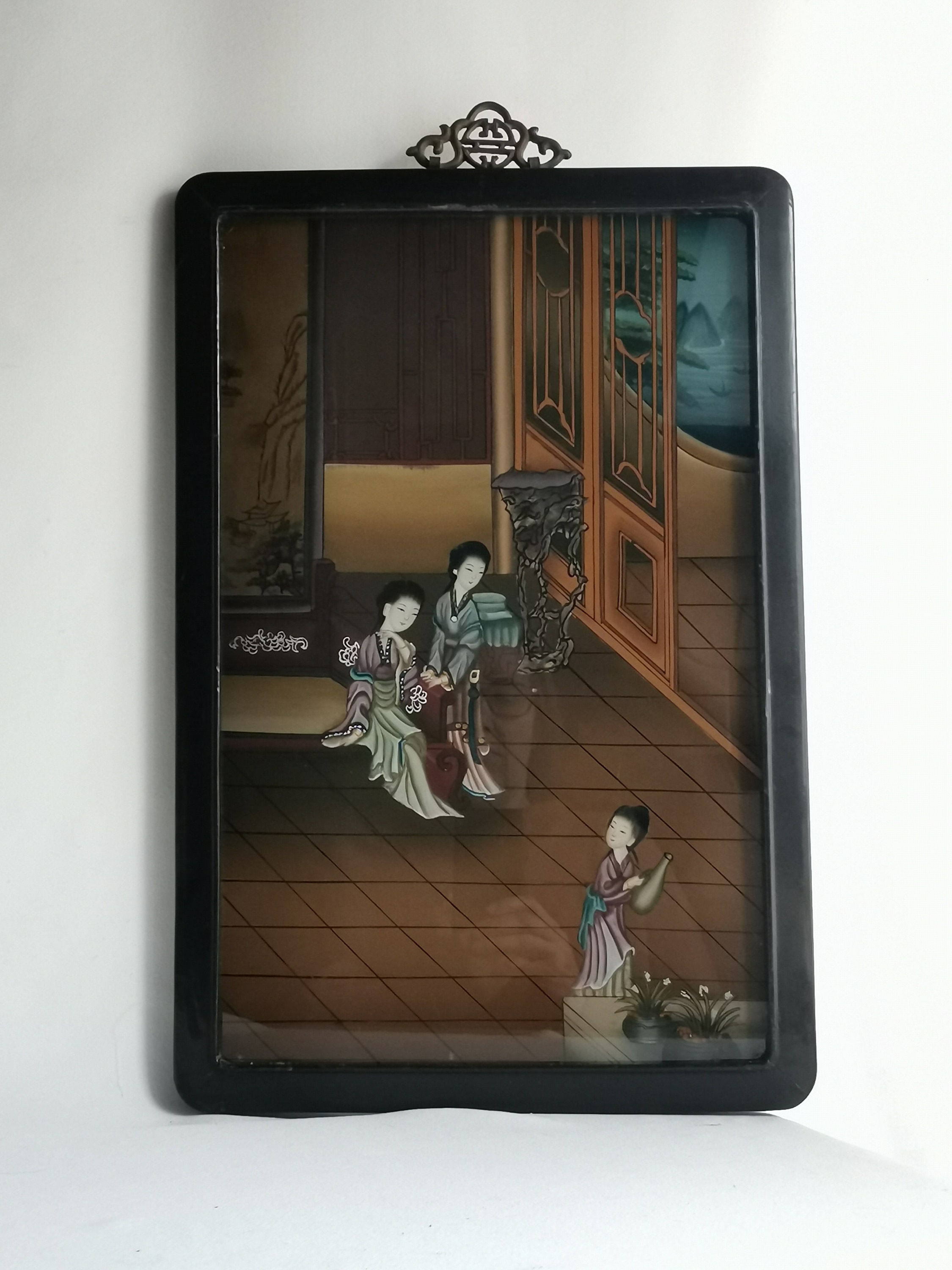 Antique Chinese original reverse painted painting three women in interior in a black lacquered frame 1940s paint on glass | Chinese painting