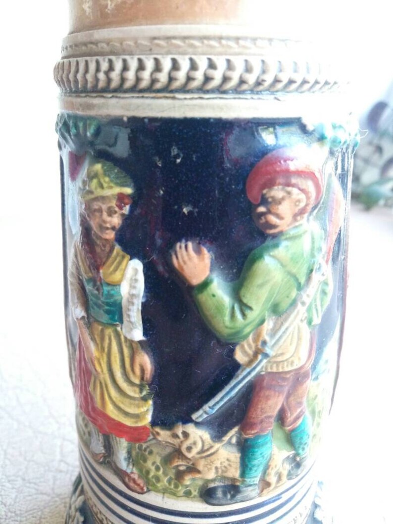 Vintage musical beer stein DBGM with music box Jagers Abschied 1960s Earthenware beer mug Edelweiss Vintage German beer mug with music