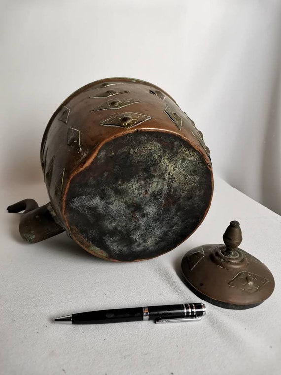 Large Antique Victorian Copper Kettle With Patchwork Hazaz Freres