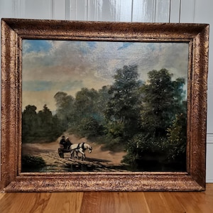 Großes antikes Originalgemälde „Landschaft mit Pferdewagen“, 1900er Jahre, Öl auf Leinwand | Antike Landschaft Sandweg Waldblick mit Bauernkarren