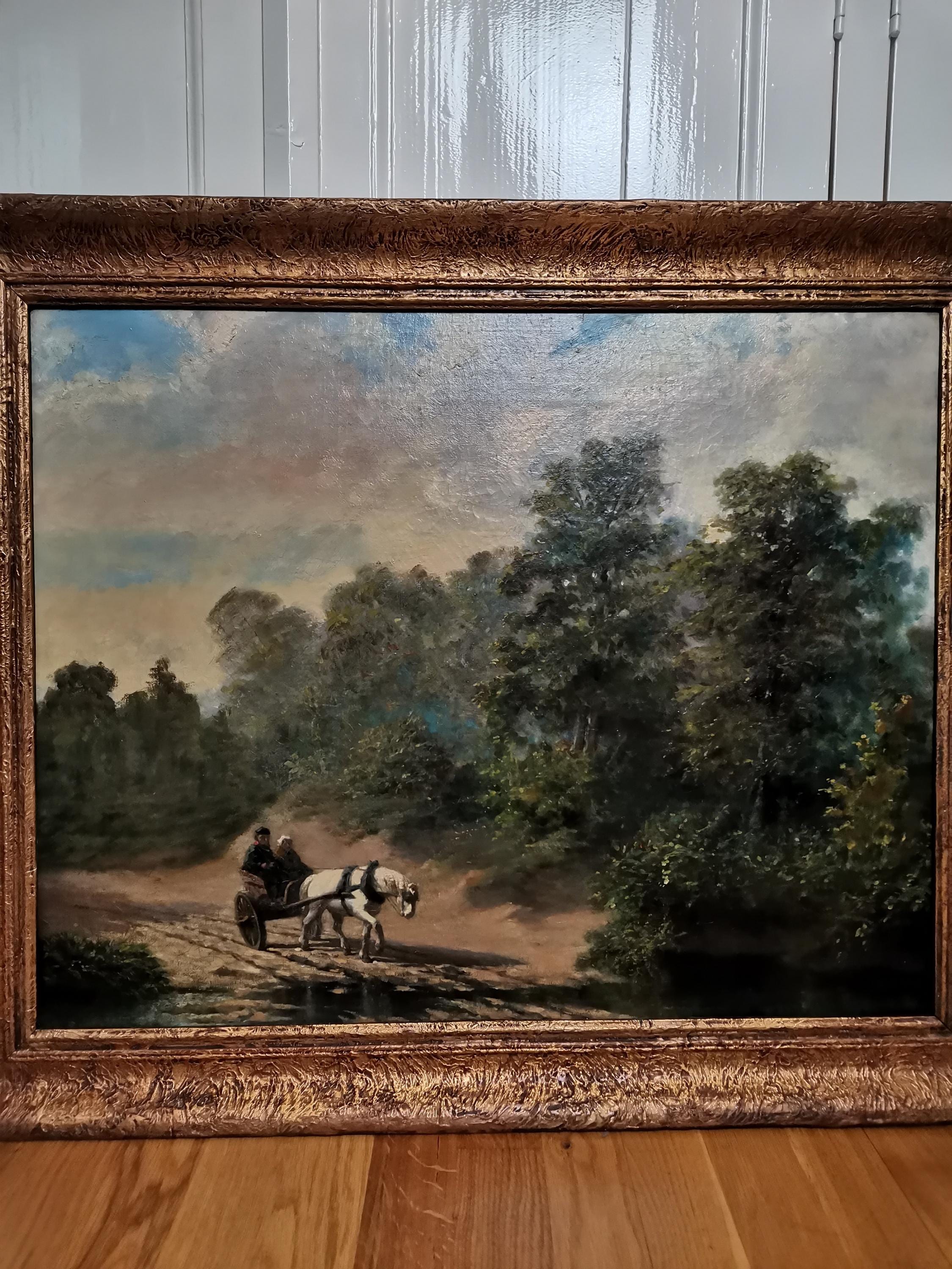1900年代のキャンバスに油彩で描かれた、馬と荷馬車のある風景を描いた