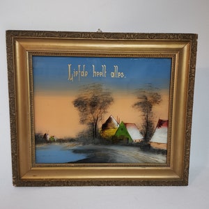 Antique original reverse painted painting Love heals everything in gold frame 1920s paint on glass | Antique behind glass painting Holland
