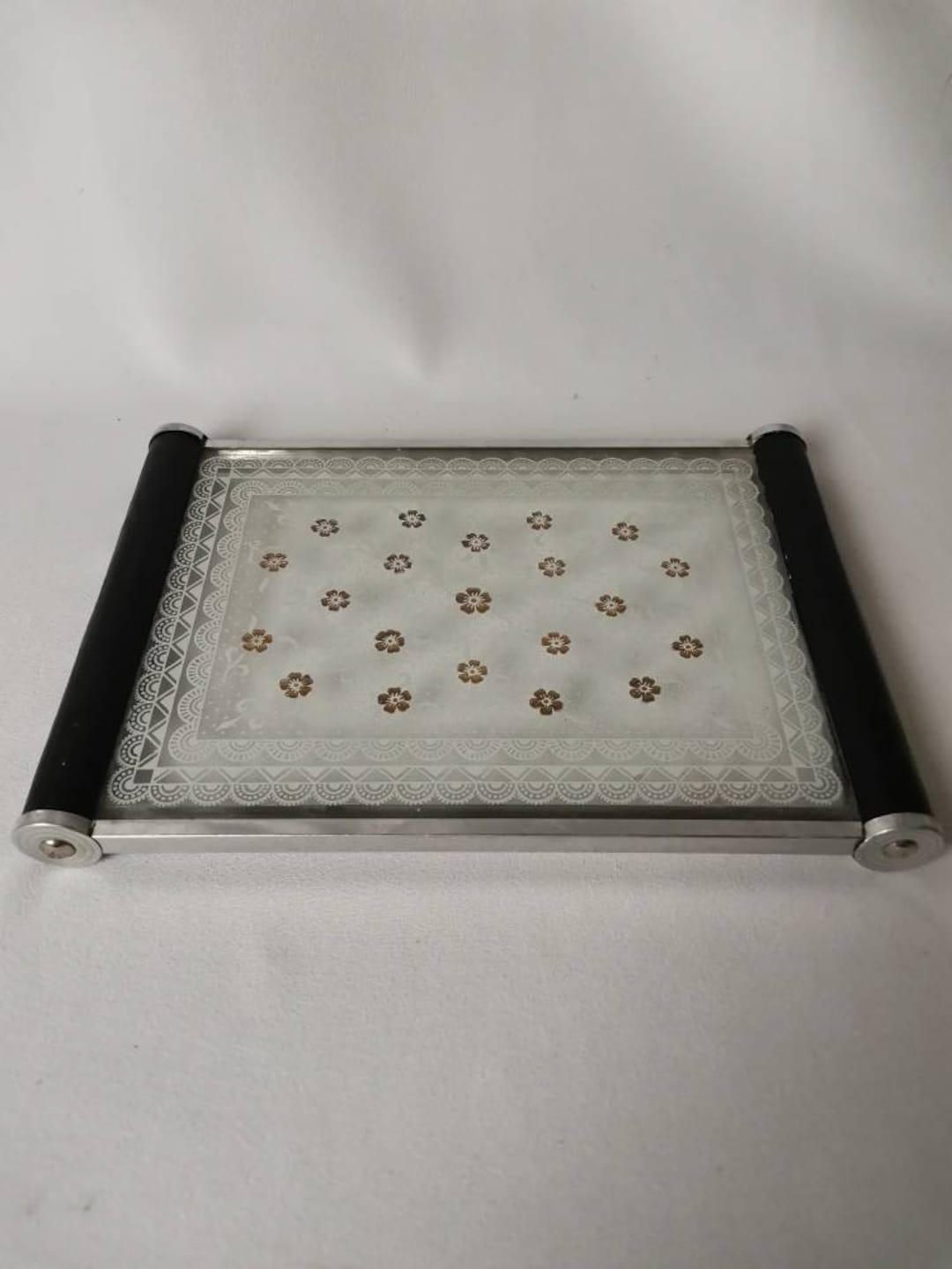 Small Antique Glass Tray Art Deco With Flowers and Polka Dot Pattern
