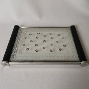 Small antique glass tray art deco with flowers and polka dot pattern metal rim and black wooden handles 1920s decorative tray trinket tray