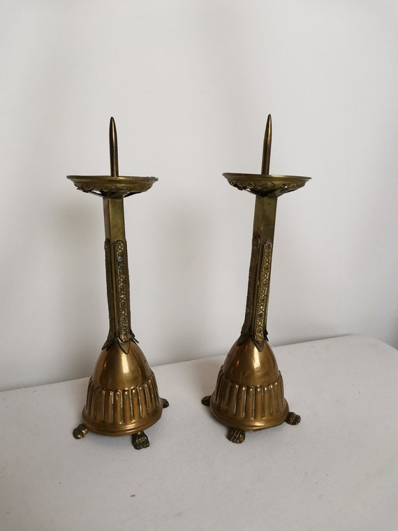 Pair of Antique Brass Gothic Revival Altar Candlesticks for Pillar