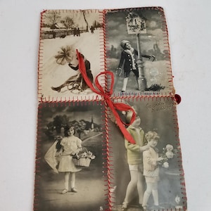 Carpeta antigua hecha a mano con tarjetas de Año Nuevo del siglo XX Carpeta artesanal antigua | Mapa de arte popular | Carpeta antigua hecha a mano para cartas o fotos.