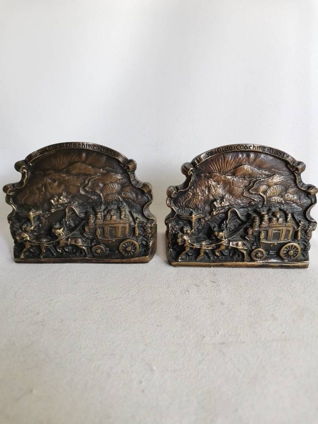 Antique Set of Brass Bookends With Coach Motif Ye Olde Coaching Days ...