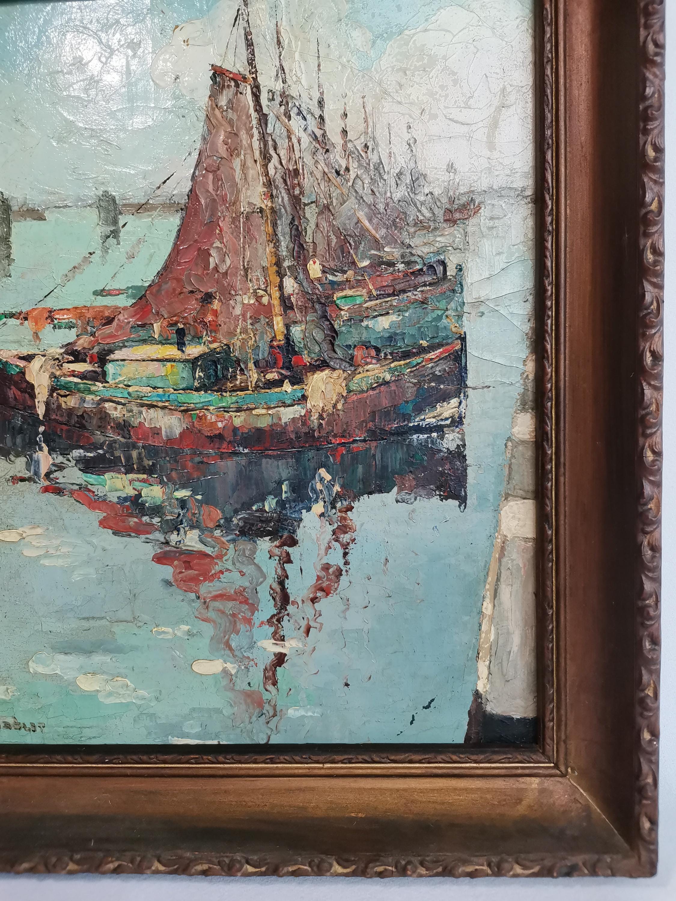 港に停泊する漁船を描いたアンティークのオリジナル絵画（額入り）1920
