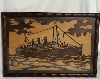 Antique scroll saw painting steam ship Holland America Line 1910s Antique painting steam boat | Antique jigsaw wall art | Nautical scene