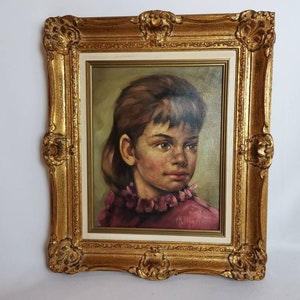Vintage original painting portrait gipsy girl dressed in pink M Marini in gold frame 1960s oil on canvas Original oil portrait girl in pink