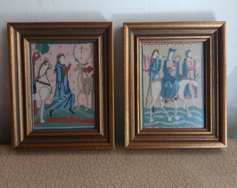 Antique set of miniature religious embroidery Flight into Egypt in cross stitch in brown wooden frame 1880s two pieces; Mary Jesus on donkey