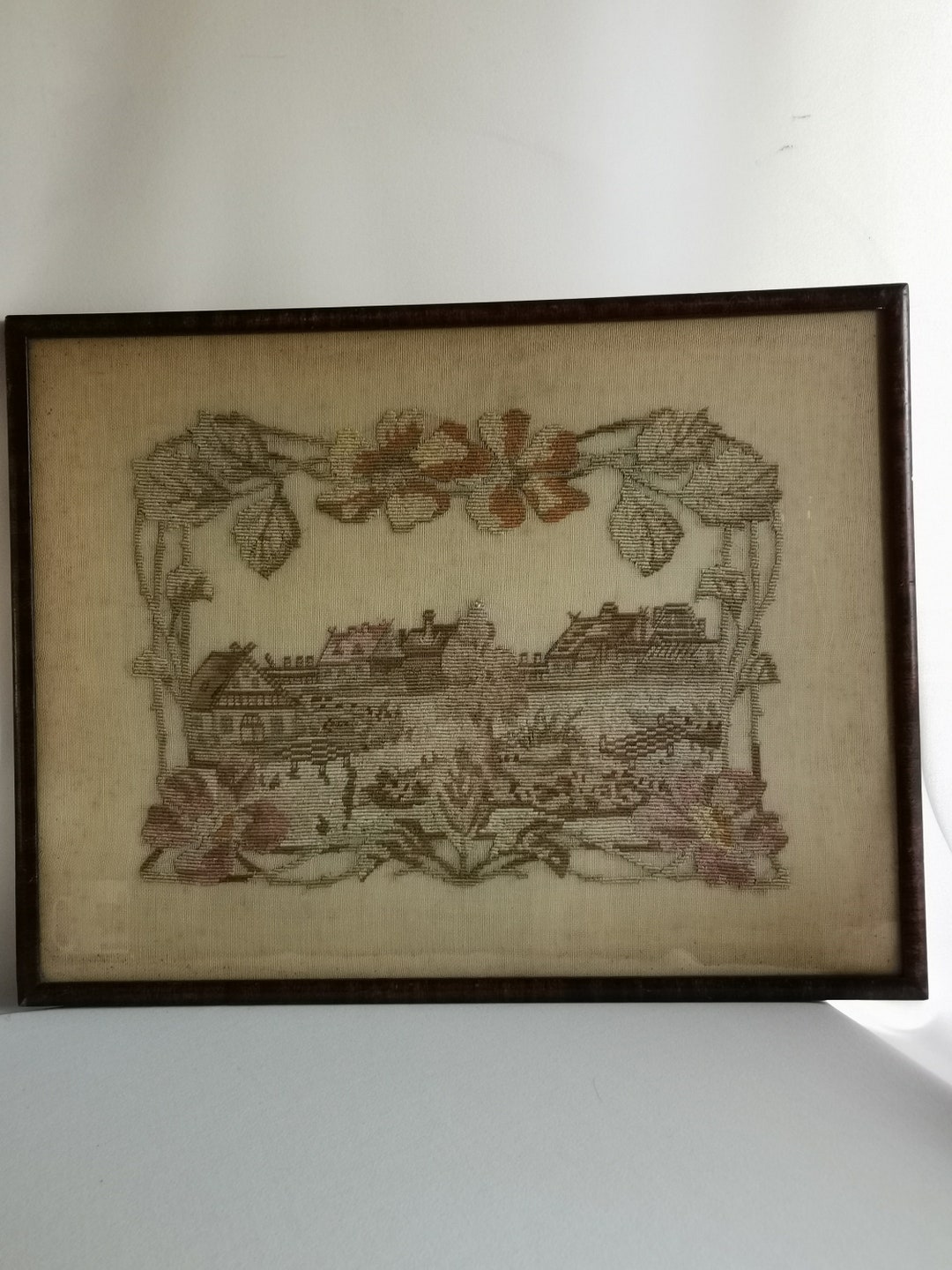 Antique Framed Embroidery English Village View With Floral Border Art