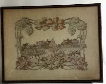 Antique framed embroidery English village view with floral border art nouveau 1900s Antique cotton silk embroidery flat stitch satin stitch