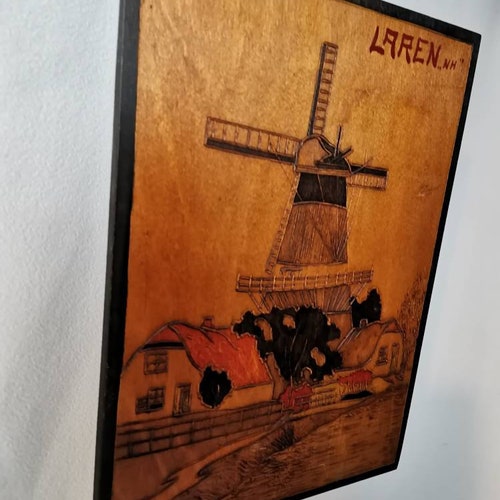 Antique stained wood panel village view Laren mill and houses farmhouse