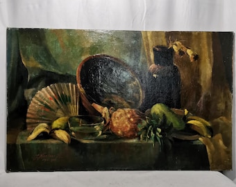 Large antique original painting fruit still life with banana pineapple mango Johannes Nicolaas Jr 1920s oil on canvas and panel