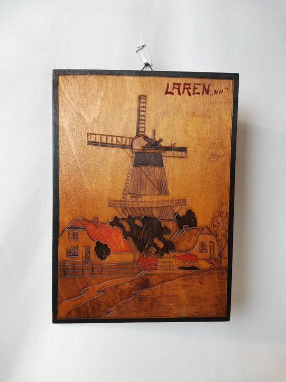 Antique stained wood panel village view Laren mill and houses farmhouse