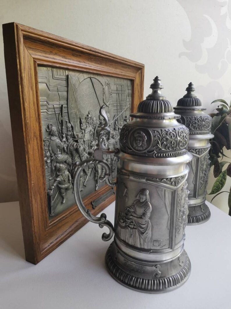 Vintage Set of Large Tin Beer Mugs With Tin Painting Decorated Etsy