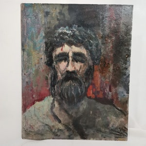 Vintage original painting Christ with crown of thorns 1960s Oil on panel | Painting Jesus crown of thorns Portrait of Jesus wreath of thorns