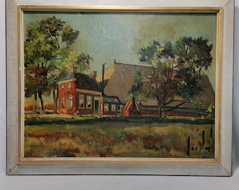 Antique original painting manor farm in frame 1940s oil on canvas | Antique painting large farm in Dutch landscape
