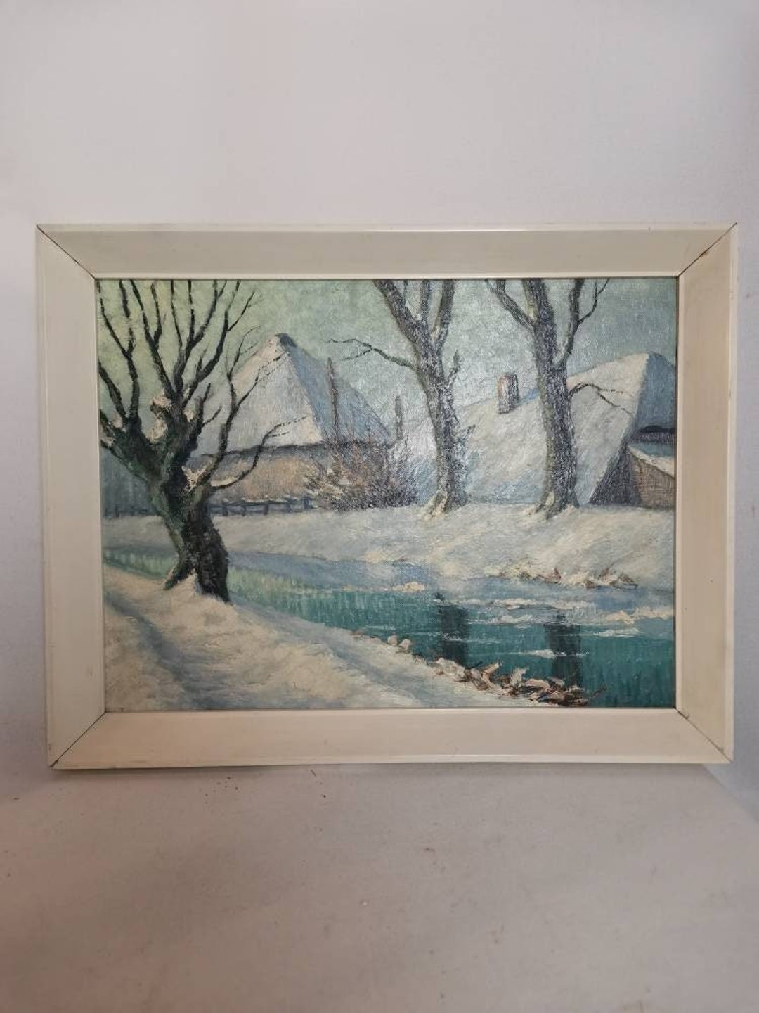 Vintage Original Oil Painting Winter Landscape With Farm Haystack ...