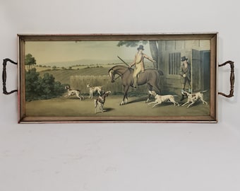Bandeja antigua con estampado de jinete de caza y perro de caza Samuel Howitt, década de 1920. Bandeja pequeña antigua con imagen de caza en melamina | bandeja para servir