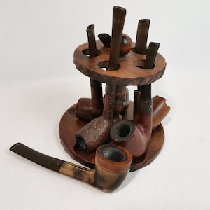 Vintage wooden pipe rack and six pipes 1960s Round rack with tobacco pipes | Decorative pipes | mancave decor Gift idea man Present for him