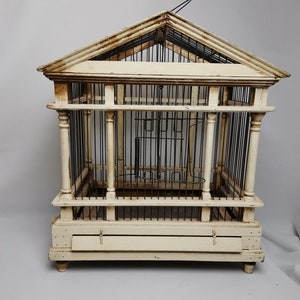 Antique wooden bird cage in cream white after Roman Greek temple 1900s Victorian bird cage | Decorative bird cage | Antique bird cage