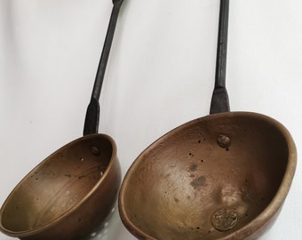 1900年代のアンティーク銅と錬鉄製のスープレードルとスキマー