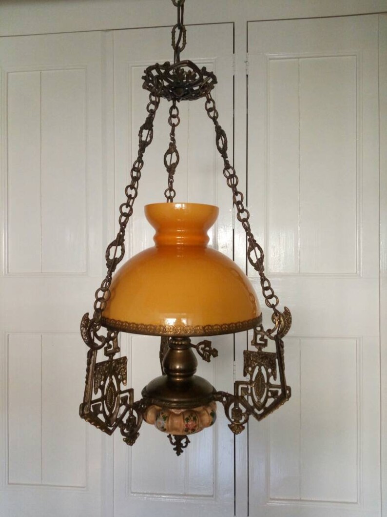 Antique Hanging Lamp With Yellow Opaline Shade Majolica Decorated Flowers On Bronze Chain 1910s Art Nouveau