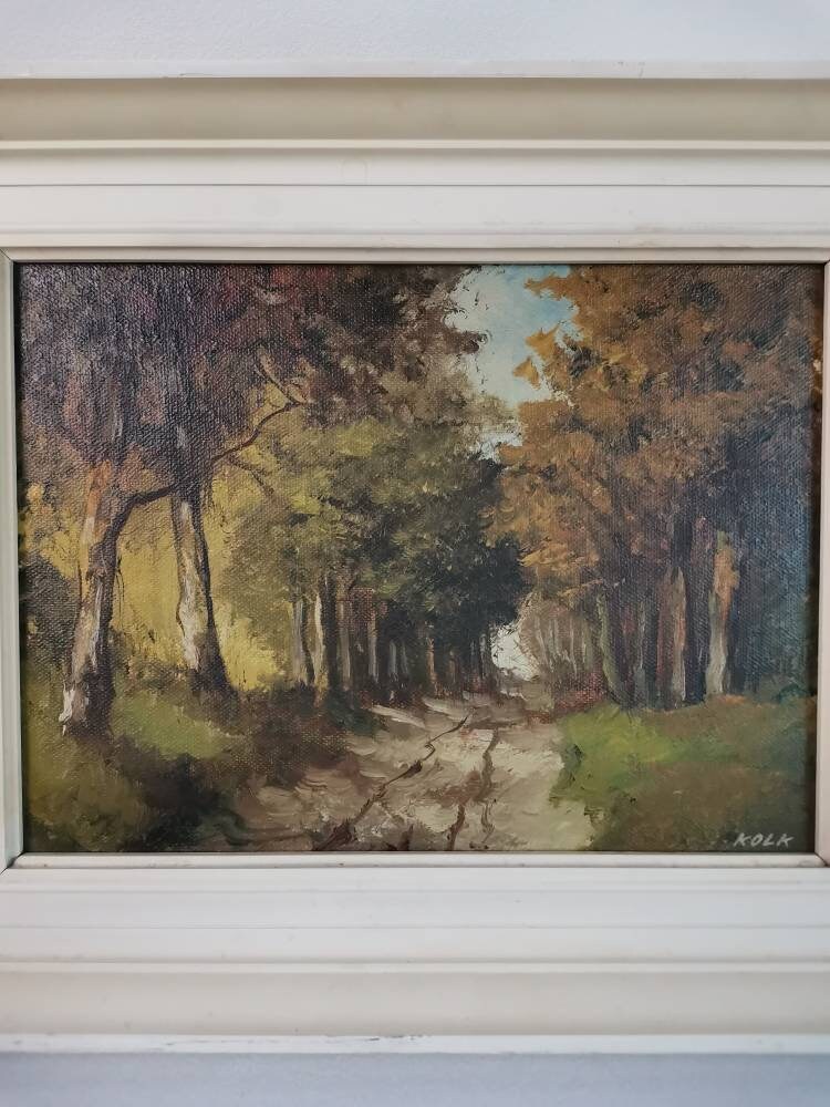 Antique landscape forest road Antique original oil painting country road with trees forest path Kolk in white frame 1940s oil on canvas
