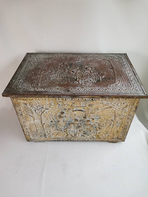 Antique Brass Chest With Inn Scene Peat Chest or Coal Chest Etsy