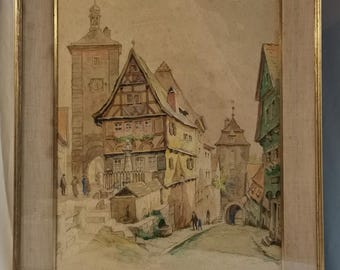 Vintage watercolor city view with half-timbered houses Das Plönlein zu Rothenburg by Willi Foerster in frame 1950s Rothenburg Ob Der Tauber