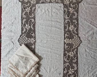 Antique cream white tablecloth with handmade lace and embroidery with 5 napkins 1900s Reticella lace tablecloth with openwork embroidery
