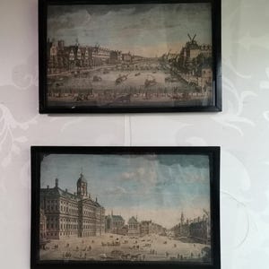 Set of two antique hand-colored line engravings Amsterdam by John Bowles & Son at the Black Horse in Cornhill 1750s Stadhuis and Amstel