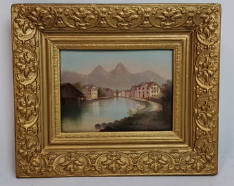 Antique original painting cityscape by Gottfried Stähly-Rychen in gold colored frame 1900s oil on panel | Small painting village on river