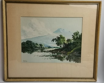 aquarelle javanaise originale vintage paysage indonésien avec jungle aquatique et volcan dans le cadre des années 1950 | Gouache ou aquarelle antique Indonésie