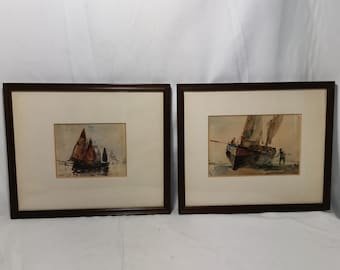 Set of two antique watercolors of fishing boats at sea and on the beach in a frame 1910s | Painting fishing boats sailboats nautical