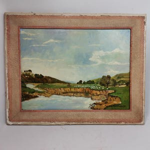 Pintura original vintage Costa británica con ovejas A van Rossum en marco Óleo sobre cartón de los años 80 | Pintar ovejas en la costa