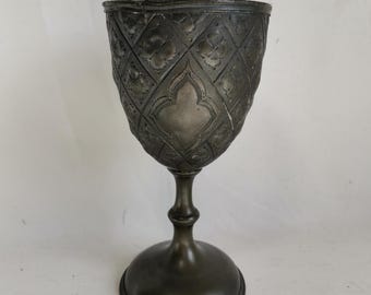 Antique metal cup on a foot with hammered pattern 19th century Antique pewter goblet | Decorative antique chalice Britannia metal handmade