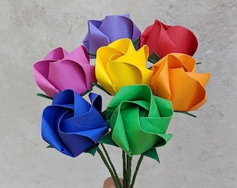 Rainbow paper roses bouquet, origami flowers, birthday gift for her, eco friendly anniversary present, unique wedding blooms