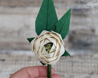 White peony, origami buttonhole, ivory corsage, paper flower boutonniere, eco friendly wedding, non-traditional alternative groom