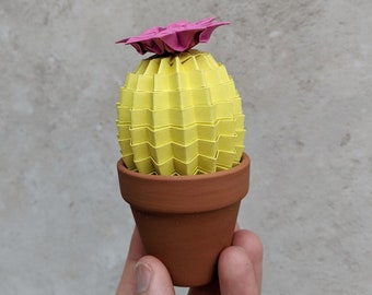 Mini cactus en origami, cadeau écologique pour professeur, plante en papier jaune pastel, fausse plante d'intérieur, jolie décoration de bureau à domicile