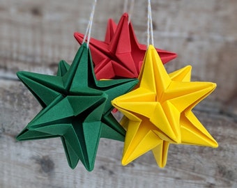 Origami stars, set of 3 Christmas tree baubles, eco friendly recycled paper ornaments, hanging decorations, sustainable wedding decor
