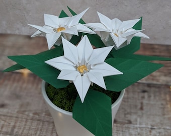 Paper plant in ceramic pot, Mother's Day nana gift, white origami poinsettia, winter wedding table decorations, faux flowers