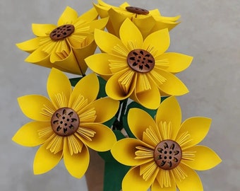 Origami sunflowers bouquet, paper anniversary flowers, birthday gift for her, summer wedding table decoration centrepiece