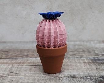 Mini cactus en origami, cadeau écologique pour professeur, plante en papier rose pastel, fausse plante d'intérieur, jolie décoration de bureau à domicile