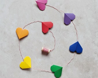 Rainbow origami hearts garland, Valentine's Day gift, colourful home decor, eco friendly decoration, paper wedding anniversary present