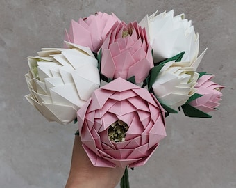 Origami peonies bridal bouquet, keepsake peony bouquet, pink ivory paper flowers, alternative eco friendly wedding blooms